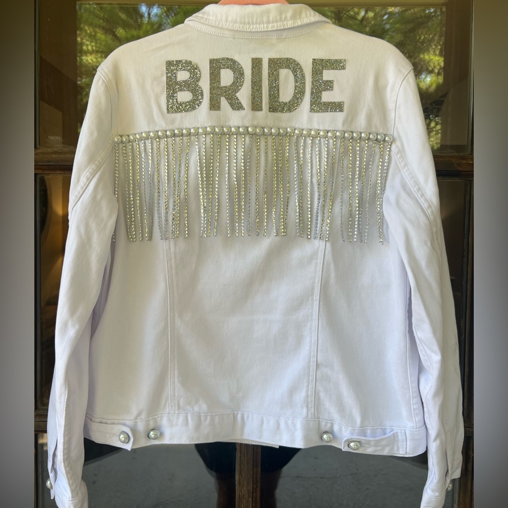 Bride to be Denim Jacket Batcherolette Party sz large 12 14 White Silver Bling